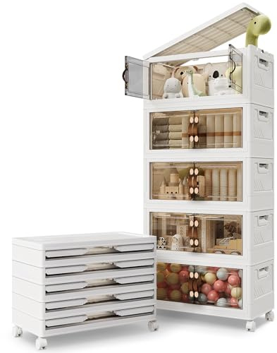 BTGGG 60L*5 Pack Aufbewahrungsboxen mit Deckel, Kunststoff-Aufbewahrungsbox Groß Organizer Box mit Rollen, Faltbare Aufbewahrungsschubladen Stapelboxen mit Deckel mit Tür, Transparent und Stabil