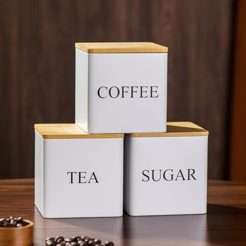 shoxil Cream Tea Coffee Sugar Canisters Set Stackable, 500ml 3 Piece of Metal White Canister Storage Jar Container Set