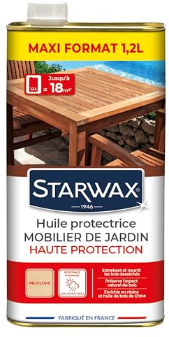 STARWAX Huile haute protection pour mobilier de jardin en bois 1,2L | Nourrit et protège bois exotiques et européens teck ipé acacia bambou, barrière anti-UV, rendement 15m²/L