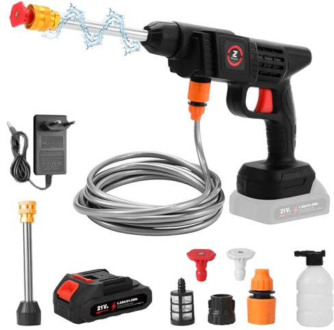 Limpiador de alta presión inalámbrico, 21 V, 50 bares, limpiador de alta presión sobre 1 batería, pistola de alta presión inalámbrica portátil con pulverizador de espuma, para limpieza y riego (15000