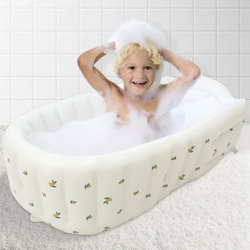 PATNFR Inflatable Baby Bathtub Non-Slip Travel Baby Bath Tub Built in Air Pump Ergonomic Blow Up Bathtub for Toddlers Foldable Inflatable Infant Bath Tub with Drain Stopper for Toddler(Olive Style)