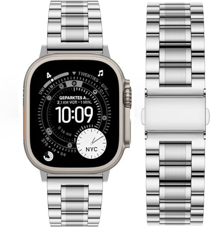 Fullmosa Ersatzarmband für Apple Watch 46mm 45mm 44mm 49mm, Silber | Edelstahl iWatch Band für Series 11 10 9 8 7 6 5 4 Ultra SE 3/2, Elegantes Design mit Poliertem und Mattem Zwei-Farben-Finish
