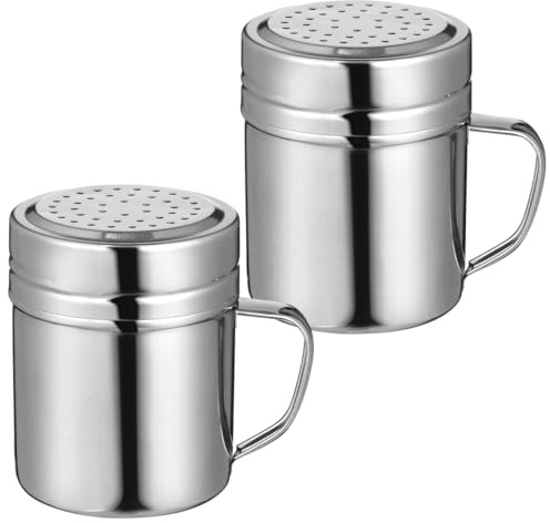 VALICLUD Agitadores de condimentos de acero inoxidable con asa, paquete de 2 recipientes de gran capacidad para cocina, cafetería, hogar, apto para lavavajillas