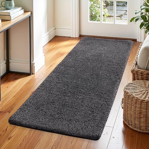 DEXI Innerdörrmatta, 60 x 180 cm, maskintvättbar, halkfri entrématta, golvmatta med absorberande mjuka fibrer för entré, hall, hund, svartgrå