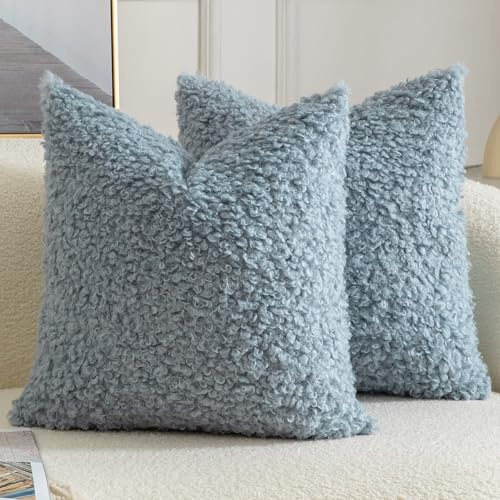 Yaertun 2er Set Kissenbezug Teddywolle Faux Pelz Dekorative Kissenbezüge Plüsch Bouclé Sofakissen Couchkissen Dekokissen Zierkissenbezug Deko Kissenhülle Schlafzimmer Wohnzimmer 40x40 cm Hellblau