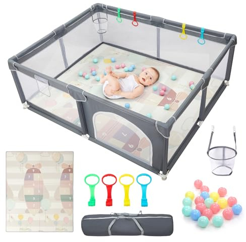 CHOLY Laufstall Baby 150x180cm, Baby Laufstall für Babys und Kleinkinder | sichtbarem atmungsaktivem Netz Schaumstoffschutz, Extra großer Spielplatz (Dunkelgrau mit Spielmatte A, 150*180cm)