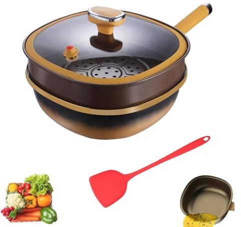 Wongify 12in Titanium Alloy Non-Stick Pot with Lid – Deep Titanium Cooking Pan, Non Stick Frying Pot with Steamer Basket for Stir-Frying, Frying & Stewing, Home Kitchen and Outdoor Camping (B)