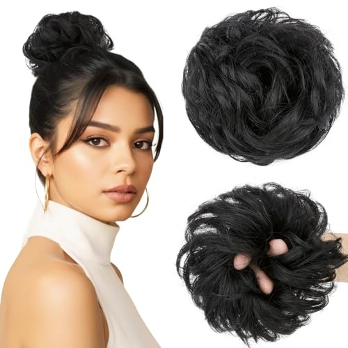 MY-LADY Haarteil Mit Gummiband Dutt Haarteil, Haargummi Mit Haaren Echthaar 25g Hochsteckfrisuren für Damen & Mädchen (#01 Schwarz Locken)