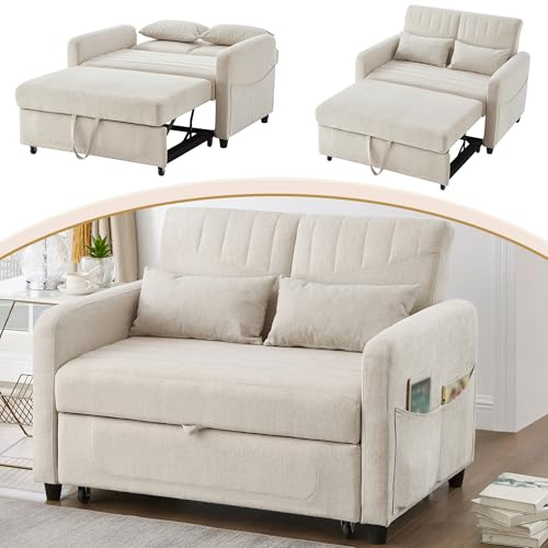 DRIXNO [Sofabett mit Schlaffunktion Zweisitzer-Klappsofa, Ausziehbares Design, Zeitgemäßer Stil, Dreistufig Verstellbare Rückenlehne, Atmungsaktiver Baumwoll-Leinen-Stoff,Beige