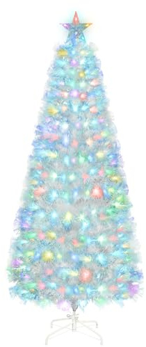 Uten Fibre Optic White Christmas Tree, 6ft/1.8m Artificial Christmas Tree with Multicolor Fibre Optic LED Light and Star, 220 Natural PVC Tips, Indoor Home Xmas Tree Decoration, Metal Stand, Reusable