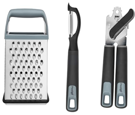 Prestige Silicone Kitchen Utensil Set of 3 – Vegetable Peeler, Tin Opener, Cheese Grater with Container and Lid, Silver