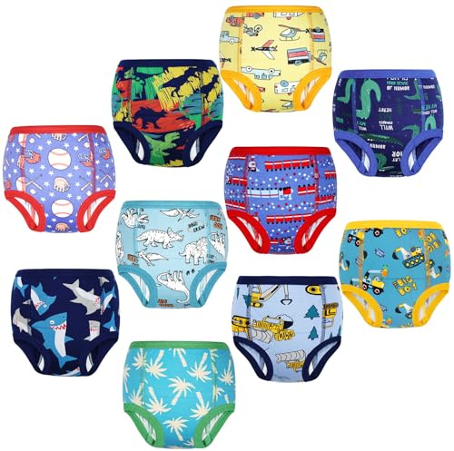FLYISH DIRECT Ropa Interior de Entrenamiento 100% Algodón, 10 Paquetes de Braguitas de Aprendizaje para Niños y Niñas, Reutilizables y Lavables, Dinos y Vehículos Mix, 3 Años