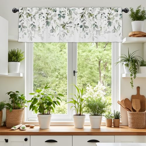 DOTOOMA 54x18Inch Sage Green Eucalyptus Leaves Window Treatment Valance Botanical Watercolor Plant Leaf Rod Pocket Drapes Panels Short Topper Curtains Kitchen Living Room Bedroom Decoration