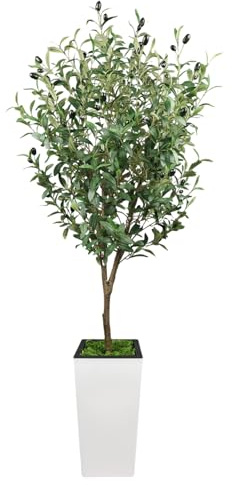 Olivo Artificial en Maceta Blanca Alta – Árbol Decorativo de Tela y Plástico con Copa Coronada, Tronco Único, Ideal para Interior, Sin Mantenimiento