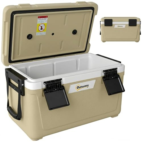 Outsunny Caja térmica aislada 42.6L Ligera con Tapa Caqui | Portátil, Asa, Válvula drenaje, Conserva comida/bebidas calientes/frías, Nevera camping, Viajes al aire libre, Picnics