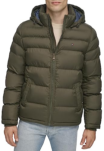 Tommy Hilfiger Doudoune à capuche pour homme en duvet synthétique, tailles standard et grandes tailles, vert olive, Large