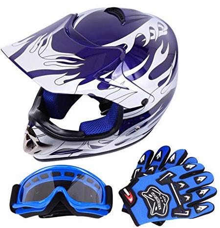 Samger Dot Youth Niños Fuera del Casco de Motocross Dirt Bike Casco con Guantes Gafas (Azul,M) | Dirt Bike Casco