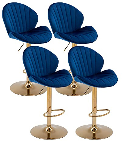 chairus 4er Set Barhocker Drehbar, Samt Barstuhl Höhenverstellbar, Moderne Barhocker für Küche Thekenhocker mit Fußstütze, Blau