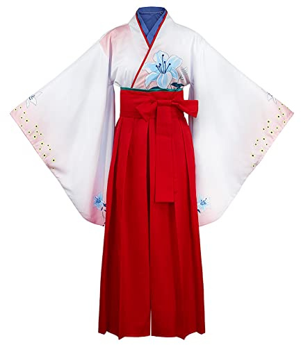 Japansk kimono kostym Hakama blommigt tryckt traditionellt samuraj yukata bälte huvudbonad set halloween cosplay outfit (35-röd, M)