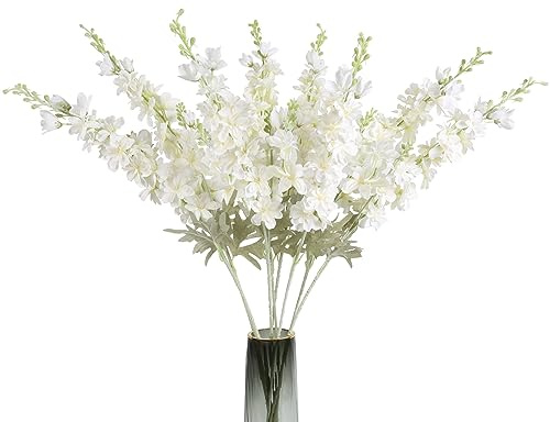 ICBOX 8PCS White Delphinium Artificial Flowers Larkspur Fake Flowers 33.5in Long Stem Faux Silk Flowers Bulk for Tall Vase for Home Wedding Floral Arrangement Centerpiece Table Decorations (White)