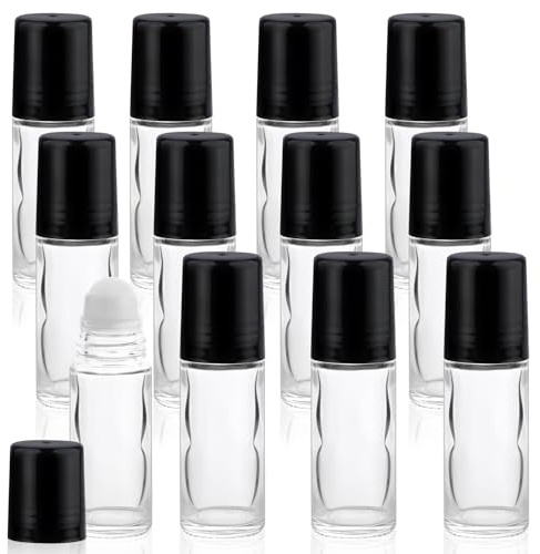 Mirrline 12 Pcs 30ml/1oz Roll On Bottles Empty Essential Oil Roller Bottle Clear Glass Bottle with Plastic Roller Ball & Black Lid for Perfume Cosmetic Oils