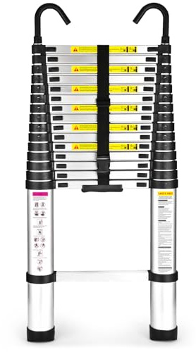 15.5 Ft Telescoping Ladder, SocTone Aluminum with Non-Slip Feet, 330lbs Max Capacity, Collapsible Ladder with Hooks for RV or Outdoor Work