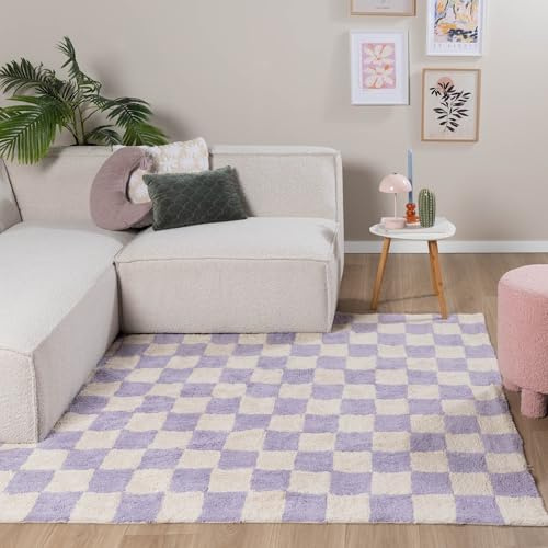 FRAAI | Home & Living Retro Teppich - Gambit Lila Weiß - 80x150 cm | Symmetrische, Blöcke - Modern, Retro - Wohnzimmer, Kinderzimmer, Schlafzimmer - Fellteppich