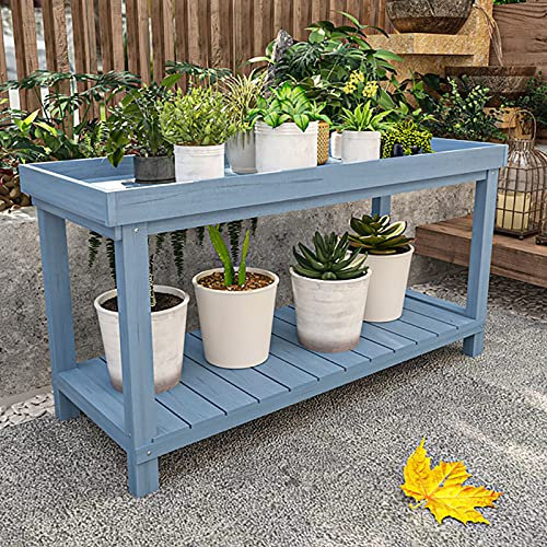 Tavolo da giardino per esterni, con contenitore, banco da lavoro per giardinaggio, banco da lavoro multifunzione con guardrail – colore legno naturale