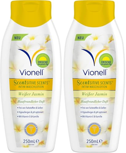 Vionell Intimwaschlotion Frauen Scentsitive Scents Daily Feminine, Plus Vitamin E & Kamille, Ganztägige Frische, Hypoallergen, Weißer Jasminduft, 250 ml (Packung mit 2)
