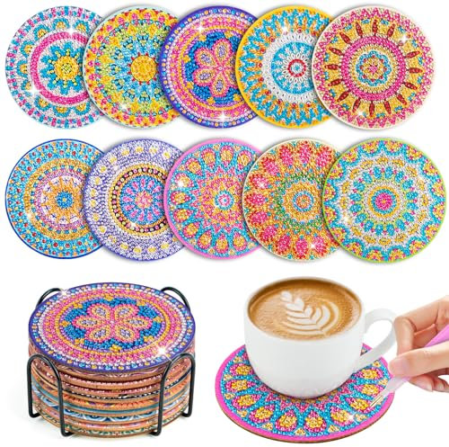 10 Stück Diamond Painting Untersetzer mit Halter, Diamant Tassenuntersetzer, Diamond Painting Erwachsene zum Basteln, DIY Mandala-Muster für Anfänger, Erwachsene & Kinder,Küche Wohnzimmer Dekoratio