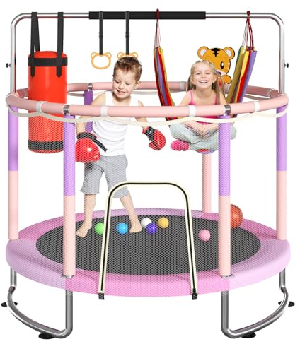 Trampoline for Kids, Upgrade Full Anti-Rust 440lbs Toddler Trampoline with Net, 60'' Upgraded Ring Legs with Adjustable Gymnastics Bar&Toys, Gifts for Ages 1-8 Boys&Girls(Pink)