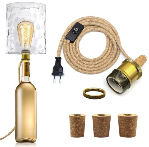 E27 Portalampada per Bottiglia, 240 CM Corda di Canapa Cavo e Porta Lampade in Metallo Ceramica, Colore Bronzo Kit Lampada Bottiglia con 3 Tappi di Sughero, DIY Lampada da Tavolo per Varie Bottiglie