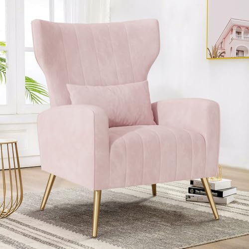 Aivermeil Sofas/Ohrensessel/Relaxsessel/mit Kopfkissen und Gold Metallfüßen Einzelsofa aus Samt bis 136KG Schlafzimmer/Wohnzimmer Rosa