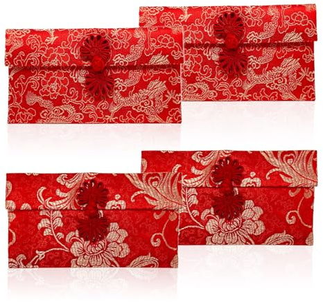 GYIOFAI 4 stycken kinesiska silkesröda kuvert, kinesiska traditionella nyårspaket, elementkuvert Hong Bao, lyckosamma pengapåsar för bröllop, nyår, födelsedag (röda)