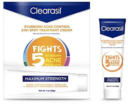 Clearasil Stubborn Acne Control 5in1 Spot Treatment Cream, Maximum Strenght with 10% Benzoyl Peroxide, Acne Medication, 1 oz