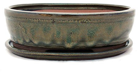 exotenherz Bonsai-Schale mit Unterteller Gr. 4 - Oliv-Braun - oval - Modell O7 - L 26cm - B 21cm - H 7,5cm