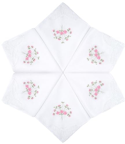 LULUSILK 6 Damen Stoff Taschentücher 100% Baumwolle mit rosa Blumen Stickereien und Spitze Schmetterling Kante