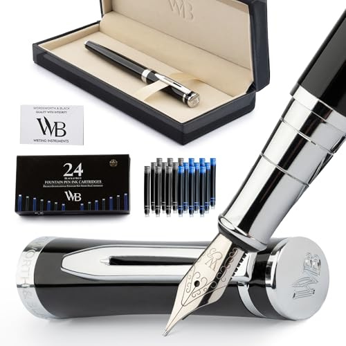 Wordsworth & Black - Pluma estilográfica, punta media, 24 cartuchos de tinta y convertidor de recarga de tinta, caja de regalo, para diario, caligrafía, instrumento de escritura suave para hombre