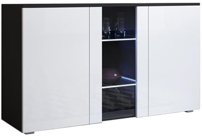 MB Muebles Bonitos, Buffet Meuble TV avec Pieds 2 cm Luke A1 pour Salon et Salle à Manger avec Lumière LED, Meuble en Mélamine Brillante, Couleur Noir et Blanc, 120x72x40 cm