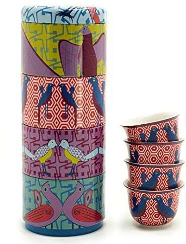 Images d'Orient Set de Cadeaux 2 en 1 Boîte en métal avec des Tasses à café Tasses à Espresso Tasses à Moka en Porcelaine 4x60 ML Oiseau de Paradis Vintage Café Cuisine Vaiselle