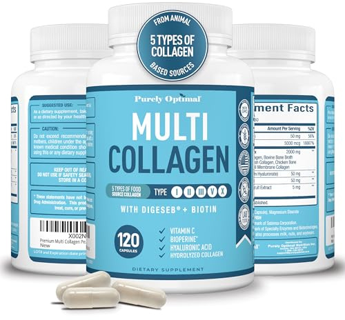 Premium Multi Collagen Peptides (Types I, II, II, V, X) - Collagen Pills for Skin Care, Hair Growth, Nails & Joints - Vitamin C, Hyaluronic Acid, Biotin, Gluten Free - 120 Collagen Capsules