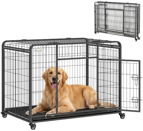 PawHut Metal Dog Cage Kennel Locking Door & Wheels Removable Tray Openable Top For Large Pets 109.5 x 71 x 78 cm | Wheels, Removable Tray, Openable Top