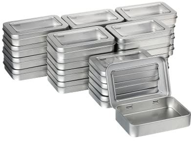 Patelai 24 Pcs Rectangular Hinged Tins Box Metal Rectangular Empty Container Metal Storage Organizer Tins Mini Portable Box Containers with Clear Window for Candies