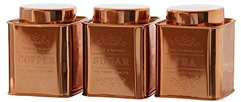 Premier Housewares Set Of 3 Copper Finish Storage Canisters Tea Coffee Sugar Set Kitchen Storage Jars Canister For Sugar Coffee Tea Warm Metallic Airtight Containers 10 x 13 x 30