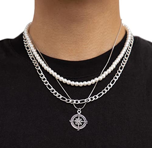 Bysonglezai Halskette Herren Pulloverkette Damen Anhänger Frauen Männer Geschenk Hip Hop 3 Stück Set Perle Halskette Für Männer Kompass Anhänger Halskette Kette Herren Schmuck