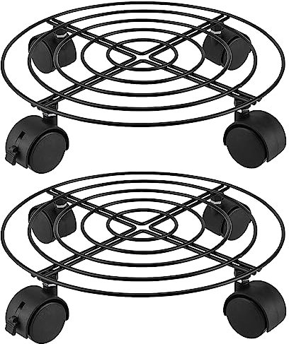 CHEUKYIU 2 Stück 27 cm Durchmesser Pflanze Caddy mit Rädern Runder Metall-Pflanzenständer mit Rädern Heavy Duty Topfpflanzenständer für Drinnen und Draußen Tragkraft 50 kg Schwarz