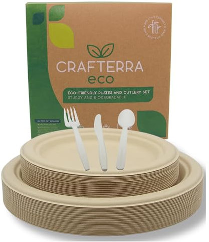 Disposable plates & cutlery Eco Friendly Tableware complete Party Set. Compostable Biodegradable Sugarcane dinnerware sets. 25 large and Small Paper Plates Forks Knives Spoons for Camping Picnic.125pc
