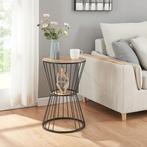 [en.casa] Beistelltisch Fossbergom Wohnzimmertisch mit Ablage rund 62 x 40 cm Metalltisch Nachttisch Kaffeetisch Sofatisch Abstelltisch Schwarz/Eiche-Optik