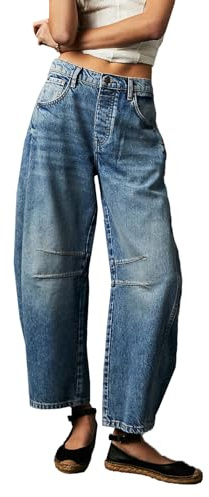 cffvdiz Femmes Mid Rise Barrel Jeans Vintage Baggy Large Leg Cheville Denim Pantalon,Bleu,XXL