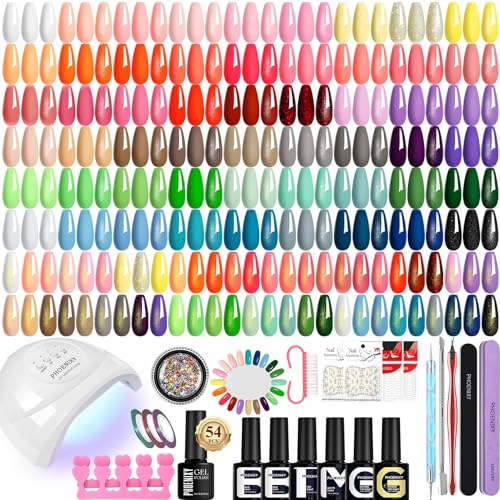 PHOENIXY 60 PCS Gel Nail Polish Set, 54 Colours Gel Nail Kit with U V Lamp All Seasons Nail Polish Gifts for Women ( Glossy Matte Glitter Golden Top Coat )